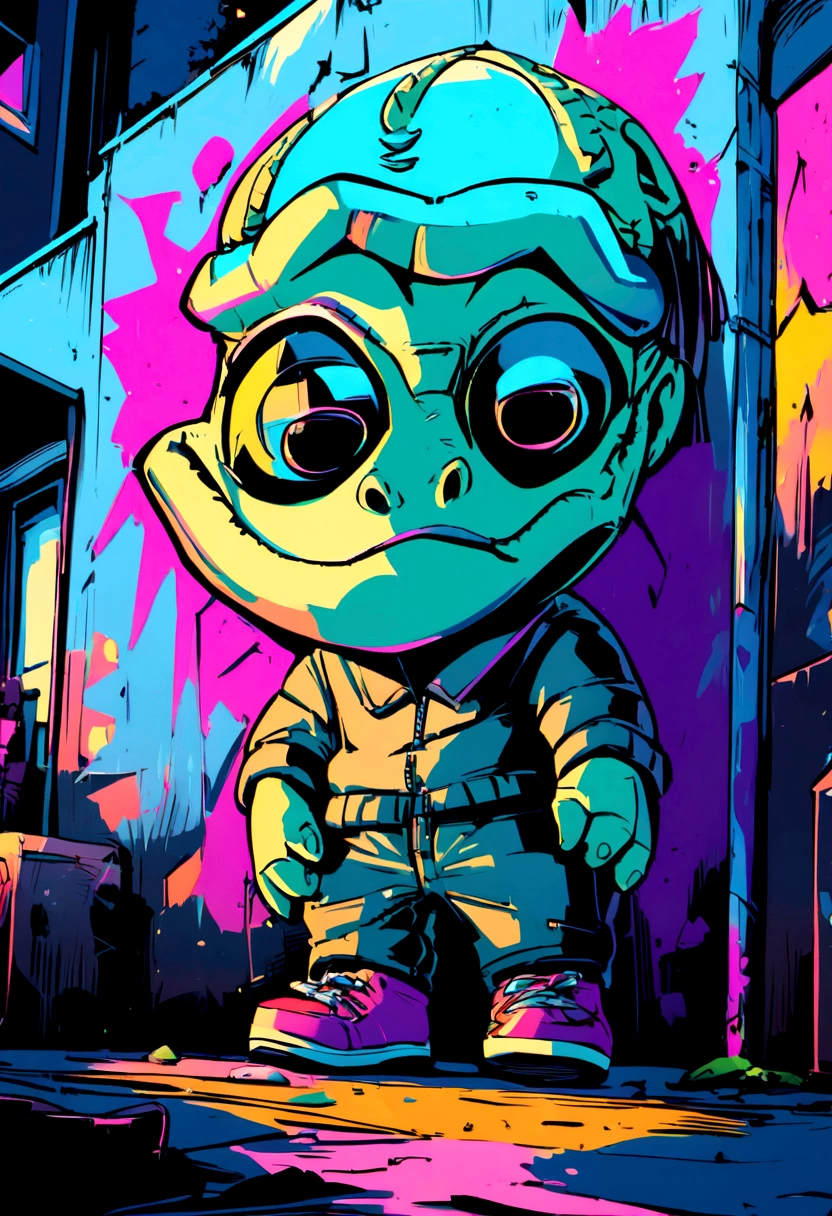 Little boy with dinosaur Skull cyberpunk style caricature street graffiti with thick strokes pop art