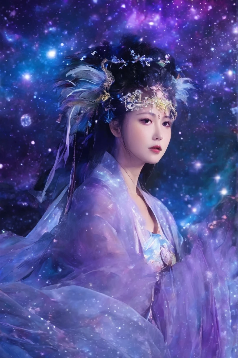 Symmetrical art double exposure style, Volumetric lighting, lean forward,light depth, Dramatic mood lighting, Volumetric lighting, Double image ghosting effect, Image combination, double exposure style
(actual, photoactual),
girl, feathered robe, Starry Sky, rich and colorful feathers, Starry sky, Vibrant shades, Celestial Ensemble, Floating on feathers and stars, full moon, moonlight, Mild, ethereal, Soft light and dark shadows, peaceful scene, Cosmic Inspiration, shining, cosmic vortex, rotating nebula, Galaxy Ribbon, Mist Vortex, rich and colorful Hanfu, Galaxy Accents, Surrounded by stars, ethereal ribbon, Fascinating vortex, Fascinating, Dreamy, heavenly beauty, cosmic splendor
The girl is wearing a rich and colorful headdress adorned with the stars, a Hanfu made up of rich and colorful feathers and stars. The Milky Way is wrapped in a ribbon.
The full moon appears exceptionally bright. The first ray of moonlight shone on the girl. This is a peaceful scene defined by softness, ethereal light and deep shadows.
(blue and purple:1.2)
(Glowing atmosphere, Fascinating light, Luminous lighting, ethereal atmosphere, Fascinating glow, Evocative shades, Attractive colors, dramatic lighting, Enchanting aura), ((moon:1)), (masterpiece, top quality, best quality, official art, Beautiful and beautiful:1.2), Extremely detailed,(Joshua Middleton Comic Cover Art:1.2), (Action painting:1.3),(Concreteism:1.3),theater dance scene,(Ultra-minimalism:1.5),rich and colorful,most detailed,