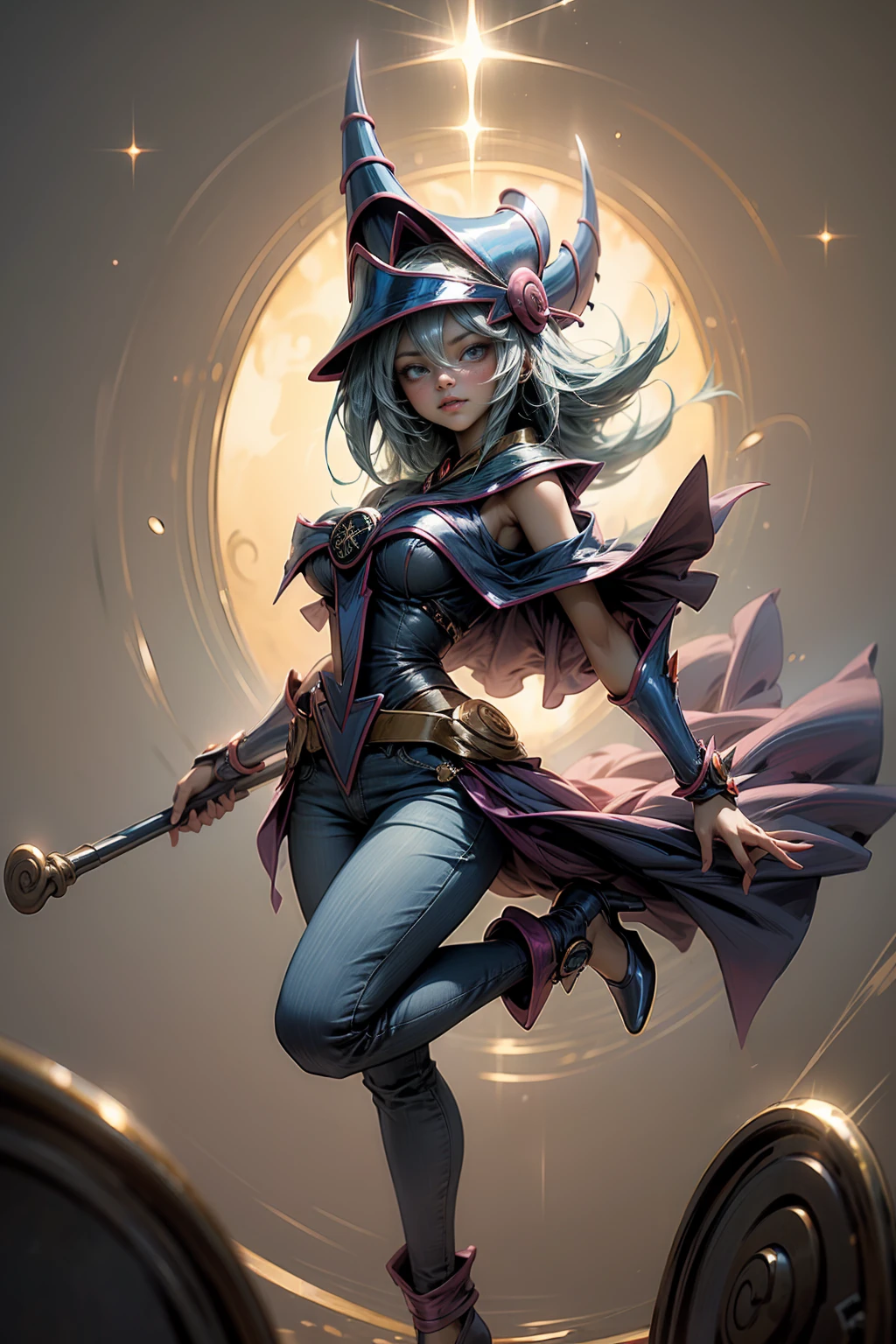 (Masterpiece:1.2), (The best quality:1.2), perfect lighting, Dark Magician Girl casting a spell, in battle. floating in the air, big and visible tits, wear jeans and heels. transparent neckline, blue robe, big hat, From above, sparkles, Yugioh game, The magic of the heart, romantic heart.