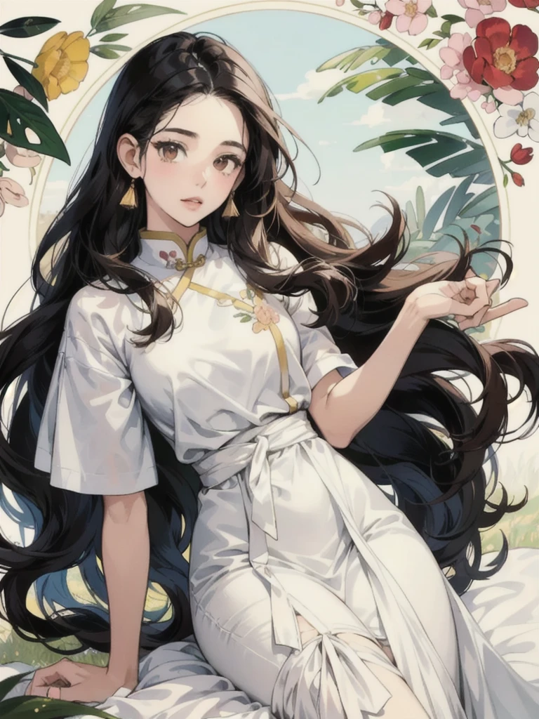 Generate an image of beautiful girl, 20 years old, extremely long bushy curly black hair, and short physique, brown skin, olive skin, oval face shape, light makeup, white dress, altruistic, insecure, hopeful personality, portrait, college student, colored manga sketch art style
In the style of Chinese pastel painting