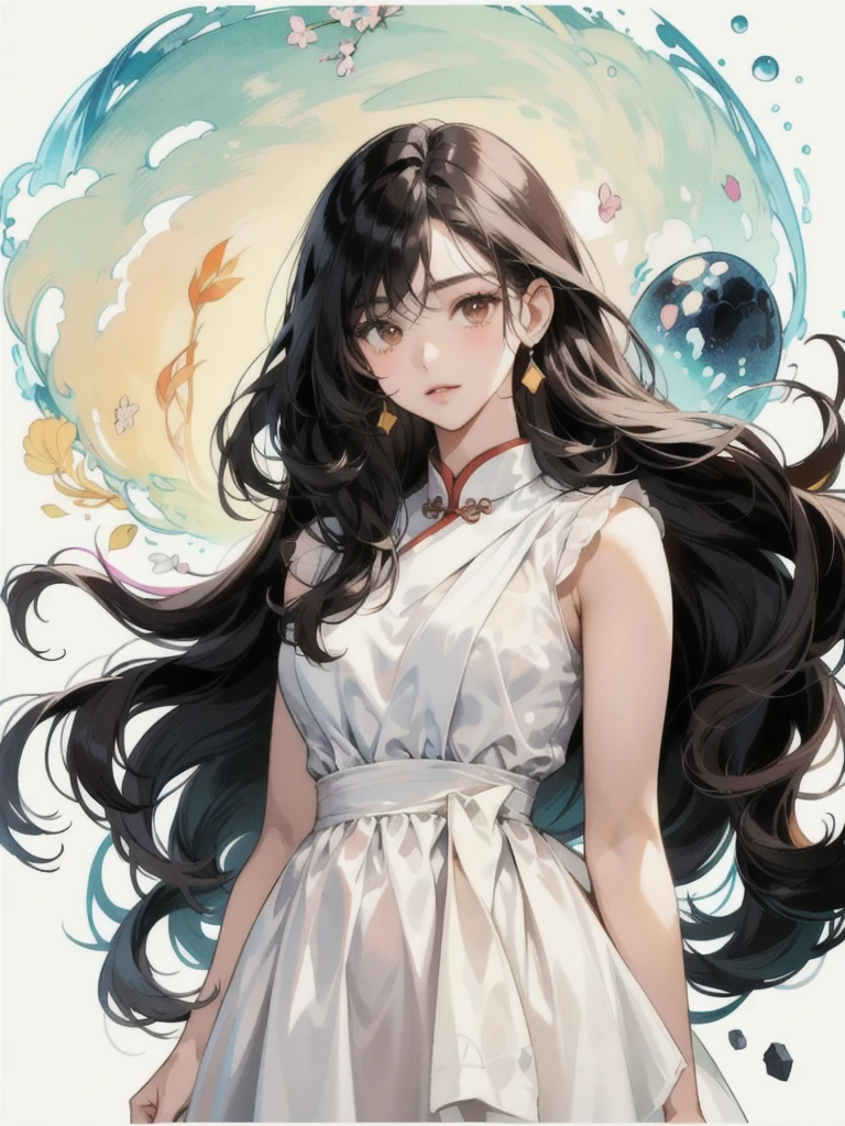 Generate an image of beautiful girl, 20 years old, extremely long bushy curly black hair, and short physique, brown skin, olive skin, oval face shape, light makeup, white dress, altruistic, insecure, hopeful personality, portrait, college student, colored manga sketch art style
In the style of Chinese pastel painting