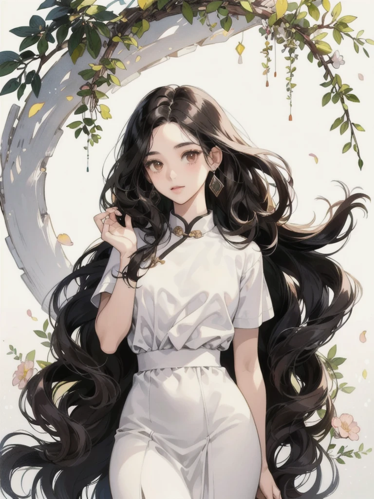 Generate an image of beautiful girl, 20 years old, extremely long bushy curly black hair, and short physique, brown skin, olive skin, oval face shape, light makeup, white dress, altruistic, insecure, hopeful personality, portrait, college student, colored manga sketch art style
In the style of Chinese pastel painting