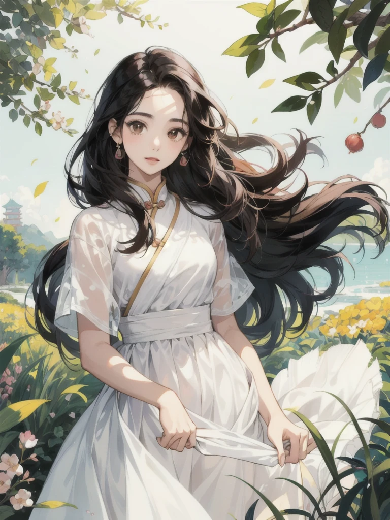 Generate an image of beautiful girl, 20 years old, extremely long bushy curly black hair,  and short physique, brown skin, olive skin, oval face shape, light makeup, white dress, altruistic, insecure, hopeful personality, portrait, college student, colored manga sketch art style 
In the style of Chinese pastel painting
