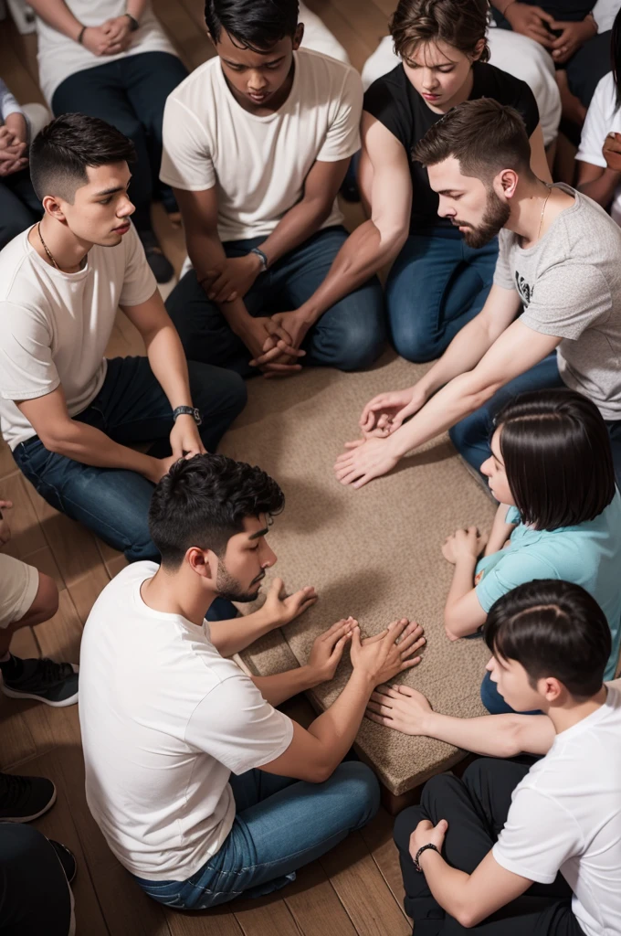 In the center a man praying and God interceding for him below several young people praying and praising 