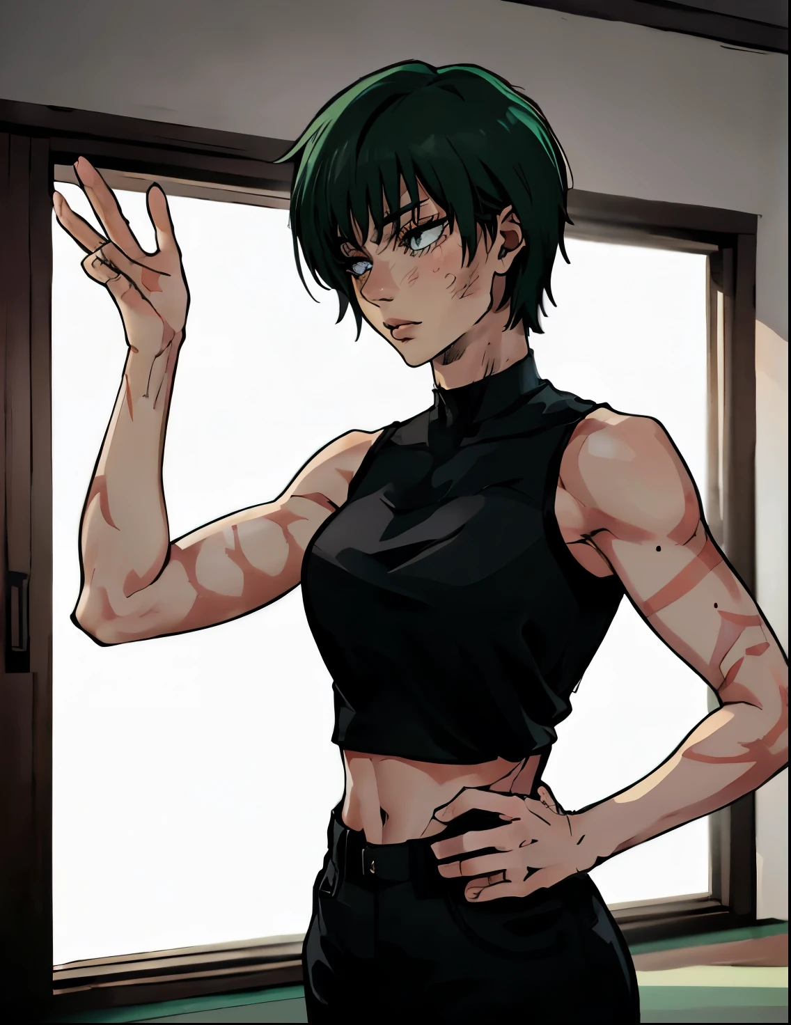 (masterpiece:1.2, best quality:1.2, beautiful, high quality, highres:1.1), detailed, extremely detailed 4K, perfect eyes, perfect face, black crop top, sleeveless shirt, calm expression, big beautiful eyes, perfect lighting, beautiful face, side profile, posing, combat, dangerous, (1girl, solo, adult female, mature female), black shirt, thin, lithe body, Maki Zenin, detailed eyes, long black tucked in pants, seductive eyes, beautiful eyes, perfect eyes, short green hair, short hair, bangs, beautiful woman, circle shaped eyes, standing swiftly, showing off figure, indoors, crossing arms, posing at viewer, winking, cute face, posing, perfect shaped eyes, clear shot of eyes, scar on body, yellow eyes, (medium breasts), ((sensual seductive))