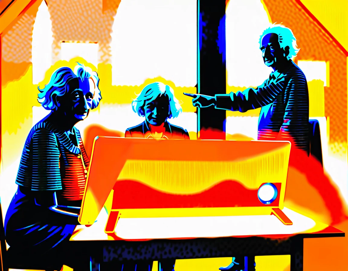 3 elderly people, only one is Albert Einstein, pointing to a computer in a lanhouse, ominous windows shrouded in mist, casting a mysterious and mystical ambience, as if the shadows themselves were about to reveal a sinister secret, with a warm and soft tones of burnt oranges, faded golds and dusty blues, evoking a sense of aged and forgotten knowledge, surrounded by scattered, dusty tomes and ancient scientific instruments, bathed in a warm, soft glow --ar 16:9
