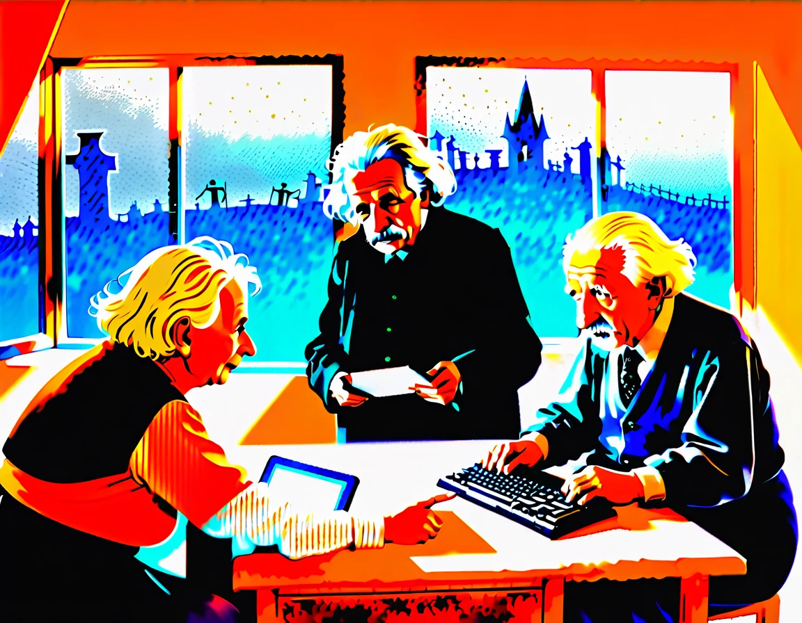 3 elderly people, only one is Albert Einstein, pointing to a computer in a lanhouse, ominous windows shrouded in mist, casting a mysterious and mystical ambience, as if the shadows themselves were about to reveal a sinister secret, with a warm and soft tones of burnt oranges, faded golds and dusty blues, evoking a sense of aged and forgotten knowledge, surrounded by scattered, dusty tomes and ancient scientific instruments, bathed in a warm, soft glow --ar 16:9
