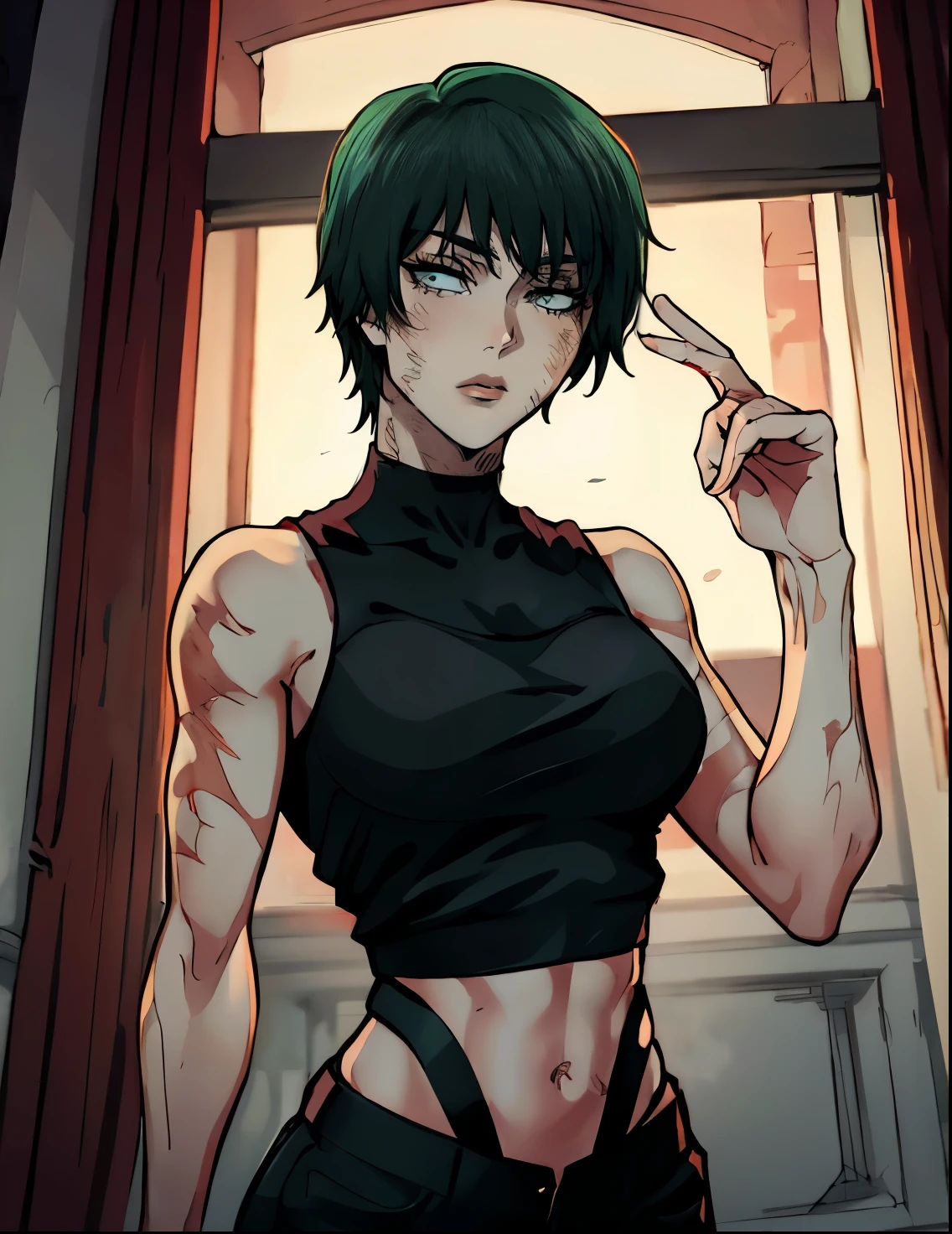 (masterpiece:1.2, best quality:1.2, beautiful, high quality, highres:1.1), detailed, extremely detailed 4K, perfect eyes, perfect face, black crop top, sleeveless shirt, calm expression, big beautiful eyes, perfect lighting, beautiful face, (1girl, solo, adult female, mature female), thin, lithe body, Maki Zenin, detailed eyes, long black tucked in pants, seductive eyes, beautiful eyes, perfect eyes, short green hair, short hair, bangs, beautiful woman, circle shaped eyes, standing swiftly, showing off figure, indoors, crossing arms, posing at viewer, winking, cute face, posing, perfect shaped eyes, clear shot of eyes, scar on body, yellow eyes, (medium breasts), ((sensual seductive))