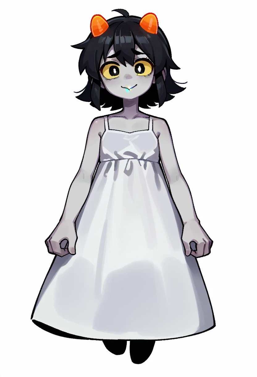 score_9, score_8_up, score_7_up, score_6_up, score_5_up, score_4_up, source_anime, lain, solo, 1girl, young adult, light gray skin, black hair, black eyes, yellow sclera, sad smile, looking at viewer, long bangs, hair between eyes, two tiny orange horns, pitch black pupils, long sidelocks, thin eyebrows, colorful, soft artstyle, flat chest, tired droopy soft eyes, gray skin, white simple nightgown, white socks, simple background, solid colour white background, floating in air, levitating, hand held out toward viewer, rating_safe, ghostly, fading, uneven hair, white void background, 
