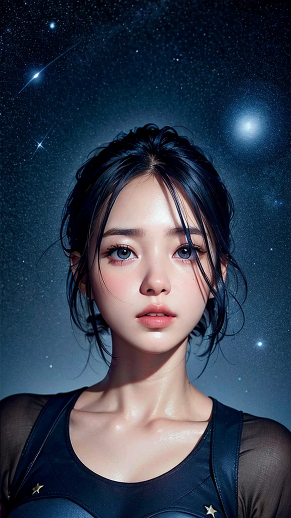 Hyperrealistic photo,girl dark blue hair, with stars background