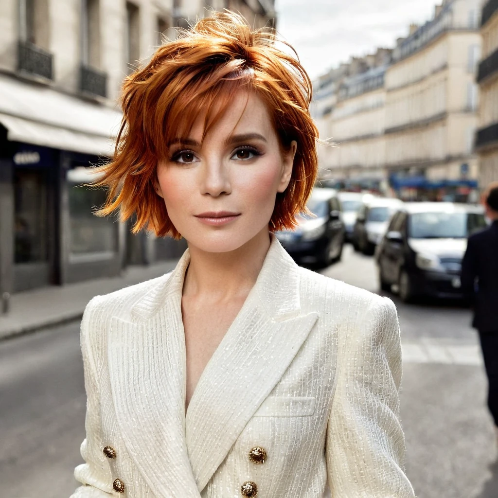 profile view, naked stylish French singer Mylène Farmer, 20 years old, with short red hair, stylish hairstyle, in fashionable clothes against the background of the street, stylish photo, fashion photo, in the style of Mario Testino