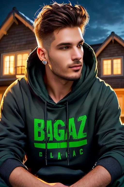 a man sitting in front of a house wearing a green hoodie, inspired by Volkan Baga, profile imageture 1024px, por Zahari Zograf, loose, inspired by Pál Balkay, inspired by Božidar Jakac, Vitaly Bugarov, profile image, background art, bogdan rezunenko