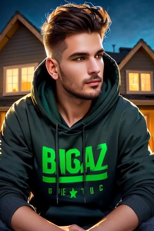 a man sitting in front of a house wearing a green hoodie, inspired by Volkan Baga, profile imageture 1024px, por Zahari Zograf, loose, inspired by Pál Balkay, inspired by Božidar Jakac, Vitaly Bugarov, profile image, background art, bogdan rezunenko