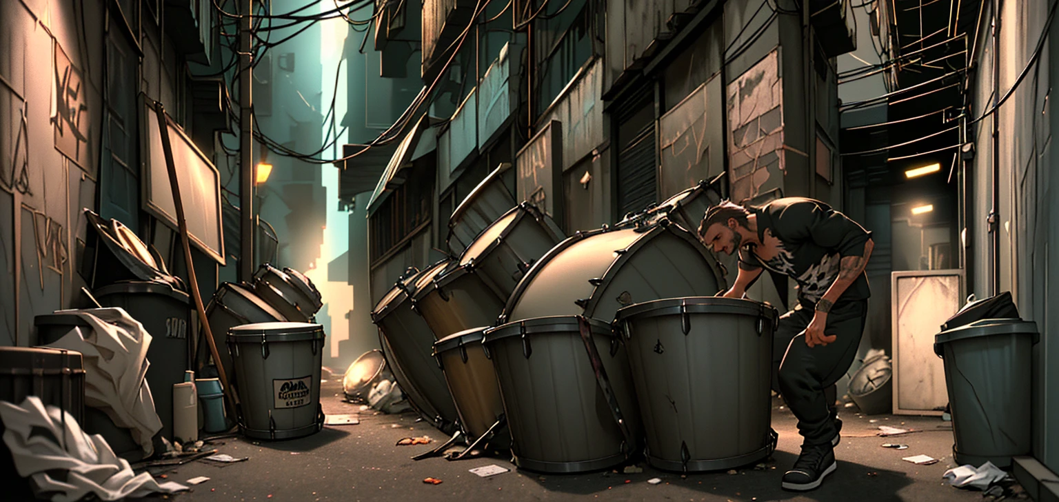 photorealistic, 1 man, drummer, trash collector, playing drums in alley, dirty alley, urban city, gritty, cinematic lighting, moody, dark tones, strong shadows, realistic textures, detailed facial features, intense expression, motion blur, dynamic pose, action shot, masterpiece, 8k, highres