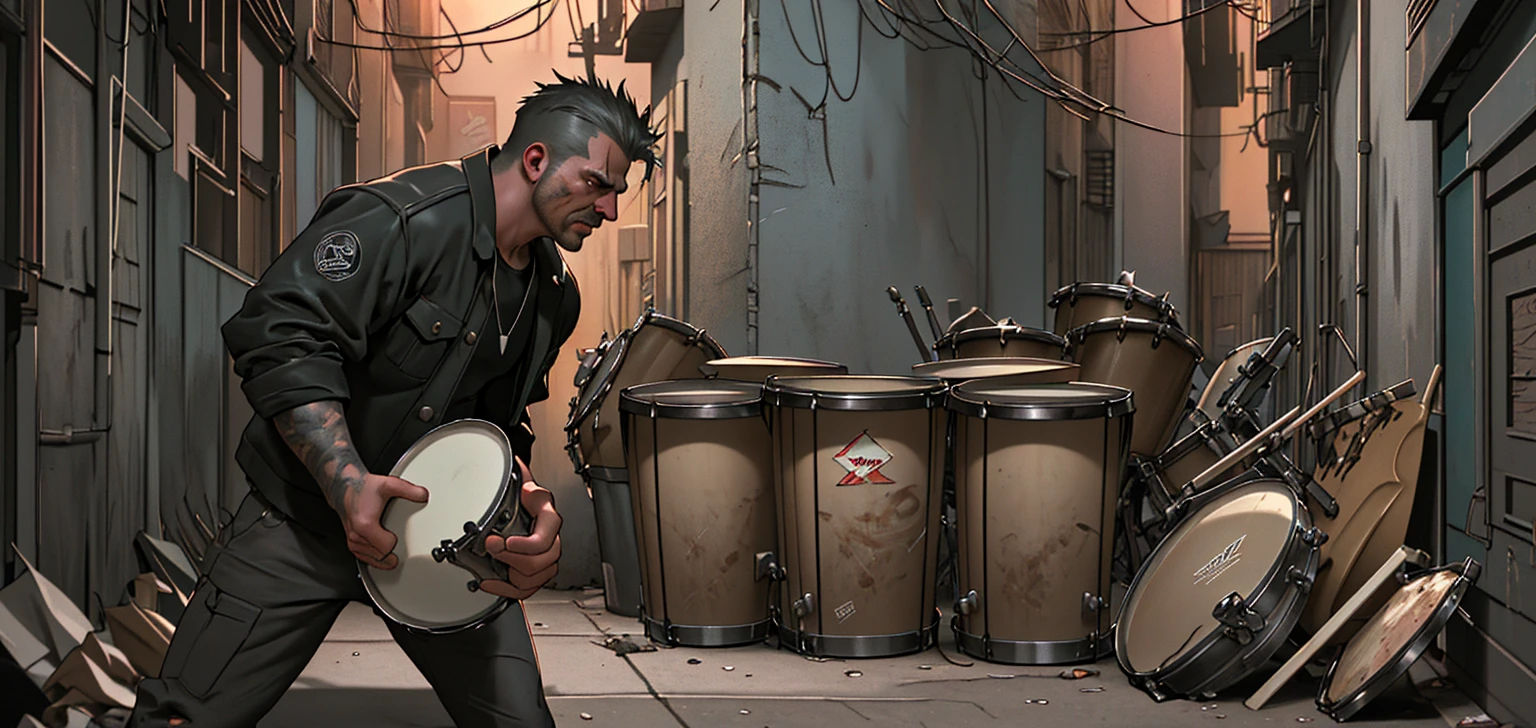 photorealistic, 1 man, drummer, trash collector, playing drums in alley, dirty alley, urban city, gritty, cinematic lighting, moody, dark tones, strong shadows, realistic textures, detailed facial features, intense expression, motion blur, dynamic pose, action shot, masterpiece, 8k, highres