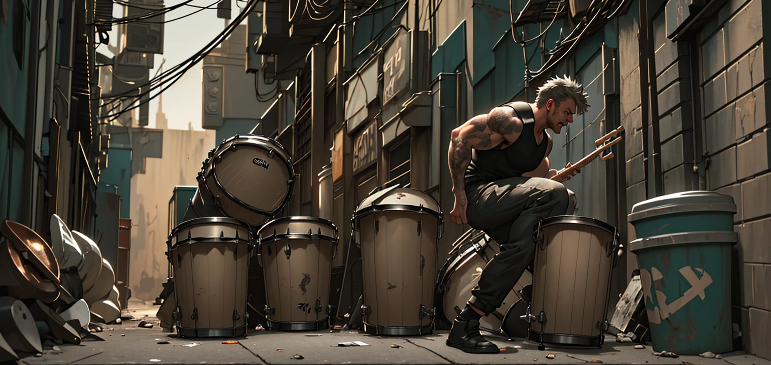 photorealistic, 1 man, drummer, trash collector, playing drums in alley, dirty alley, urban city, gritty, cinematic lighting, moody, dark tones, strong shadows, realistic textures, detailed facial features, intense expression, motion blur, dynamic pose, action shot, masterpiece, 8k, highres