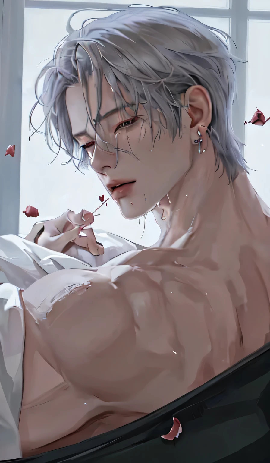 1 Jung, portrait, earrings, One,lips, male focus, green eyes, Looking at the viewer, gray hair, short hair, closed mouth, anime boy lying on the Bed with rose petals, wet body, Bed, Without any clothes, except underwear, high quality fanart, hot facial expression, beast, at PIKIV, official fanart, PIKIV, Detailed fanart, relaxing, levi ackerman, in in the Bedroom, relaxing environment, relaxing mood, from Shingei, anime aesthetics, relaxing concept art, wet anime boy, with rose petals on the Bed, Beautiful atmosphere, hot anime boy, Cute, Beautiful body art, Hot Pose, Beautiful, Beautiful face, Cute Beautiful face, big Cute eyes, Beautiful expression