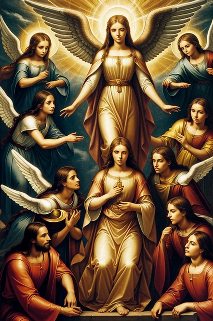 An image of a woman together with Jesus, the holy spirit,the archangels Raphael, Gabriel and Miguel and my inner guide