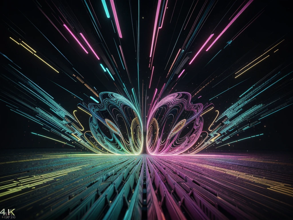 Create an image featuring vibrant neon-colored lines. The lines should be bold and dynamic, with a variety of neon colors such as pink, blue, green, and purple. Arrange the lines in an abstract, energetic pattern that flows across the canvas, intersecting and creating a sense of movement and depth. The background should be dark or black to enhance the luminosity of the neon colors. The lines can vary in thickness and intensity, with some appearing to glow more brightly than others, adding a sense of depth and contrast to the composition.