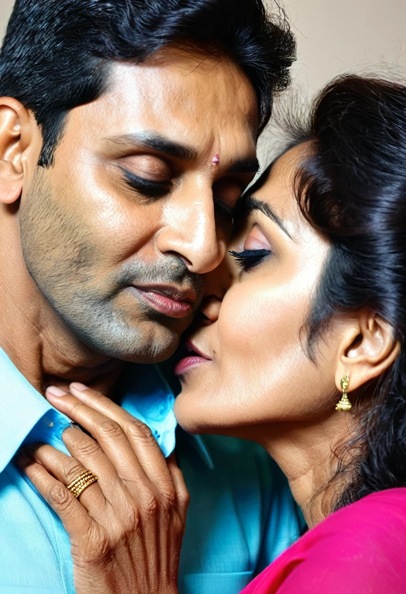 Create an image that portrays one sided love between a mature woman and a young guy who are indians