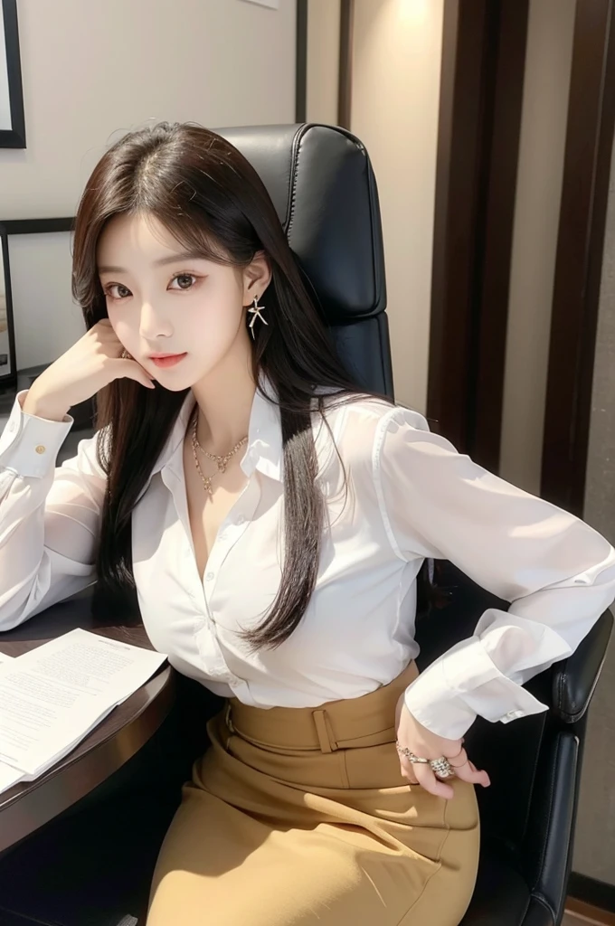 (((actual photography))),, portrait, Korean，(stunning face:1.3),, beautiful girl, Eyes on the document,Sit in a large class chair , (Necklace，earrings，ring:1.2), Buttoned shirt and hip skirt, , (cleavage:0.3),, In the CEO&#39;s Office, (environmental details:1.3),, (original photo, CG Unity, photography, ultra actual details, sharp focus, Delicate skin,4K, High resolution, masterpiece, best quality, actual, energetic:1.2),, (8K,4K, Ultra high quality, High resolution, professional, Movie般的, Movie, Dramatic),, Detailed Background,