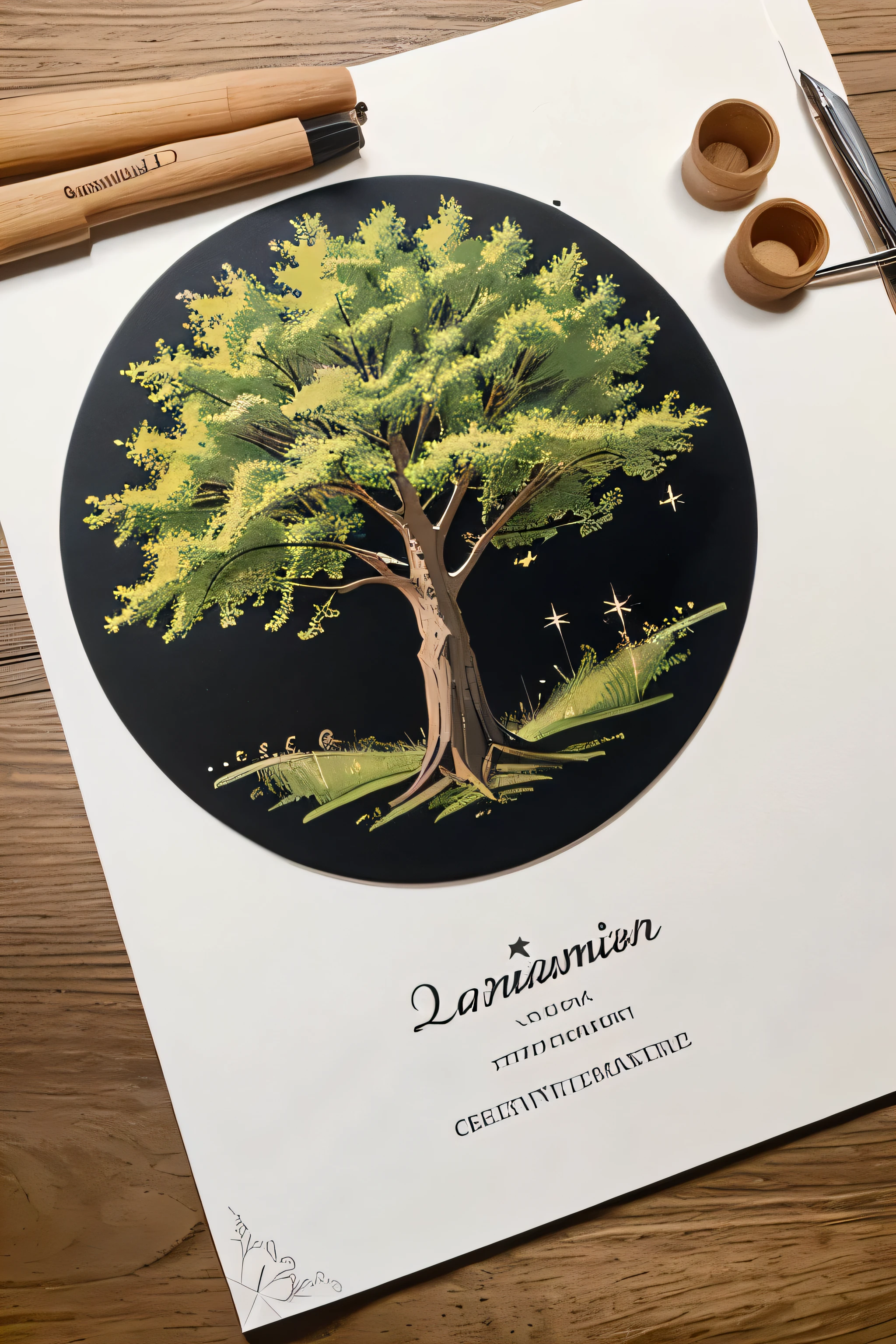 Create a vector image for a professional and creative logo. The main element is a larch tree centered within a circle border. Behind the tree, incorporate a few stars to add a touch of elegance and sophistication. The design should be clean and not overly complicated, suitable for a logo. Use a harmonious color palette that conveys professionalism and creativity