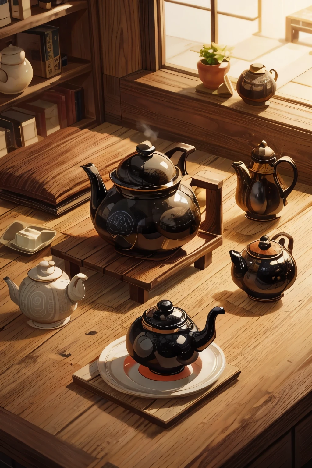 On the bowl is placed a teapot, inspired by Sesshū Tōyō, kettle, large black kettle on the hearth, teapot, teapot, teapot, gorgeous porcelain tea set, teapot: 1, inspired by Renzheng Doben, inspired by Emperor Xuande, ceramics, smooth glazed ceramics