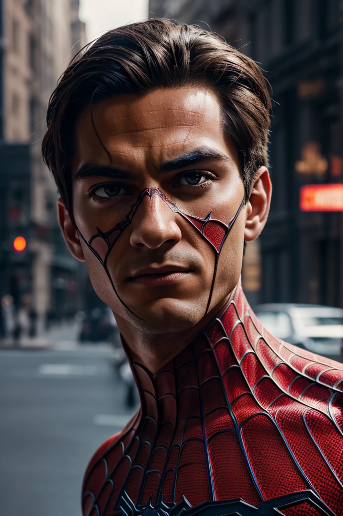 A photograph of Spider-Man., sin mascara, the 20s, elegant, detailed face, looking to the camera, portrait, 8k hd, high quality