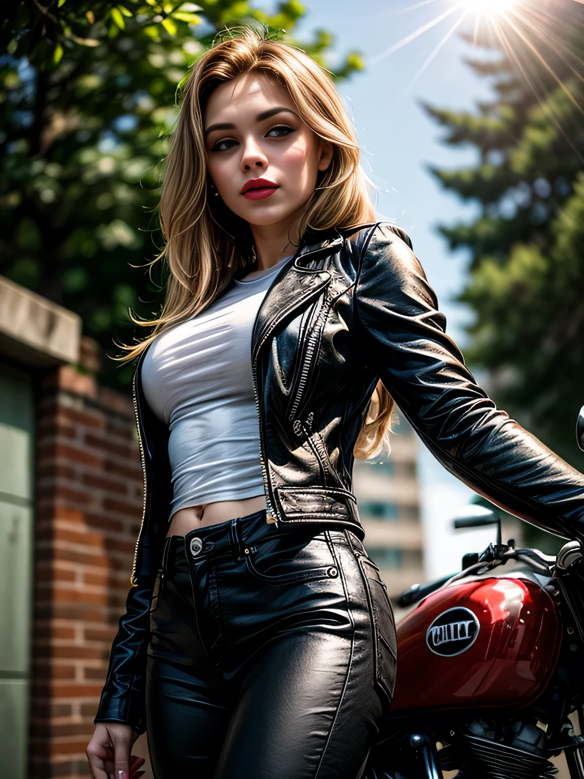 (masterpiece, photorealistic:1.4, extremely intricate:1.3, radiosity, photon mapping, dtx), ((20 year old skinny supermodel, ((25 years old), serious, long eyelashes, makeup:1.2), black leather coat, white t-shirt, ((from below)), red lips)), ((([skin detail:freckles:0.5], portrait, vagina, vagina))), outdoor, Motorcycle, faraway motorcycle, professional photograph, (long curly [blonde hair:orange hair:0.4], wind), BREAK ((intense sunlight, ((film grain))), bokeh), BREAK, ((([medium breasts:large breasts:0.7])))