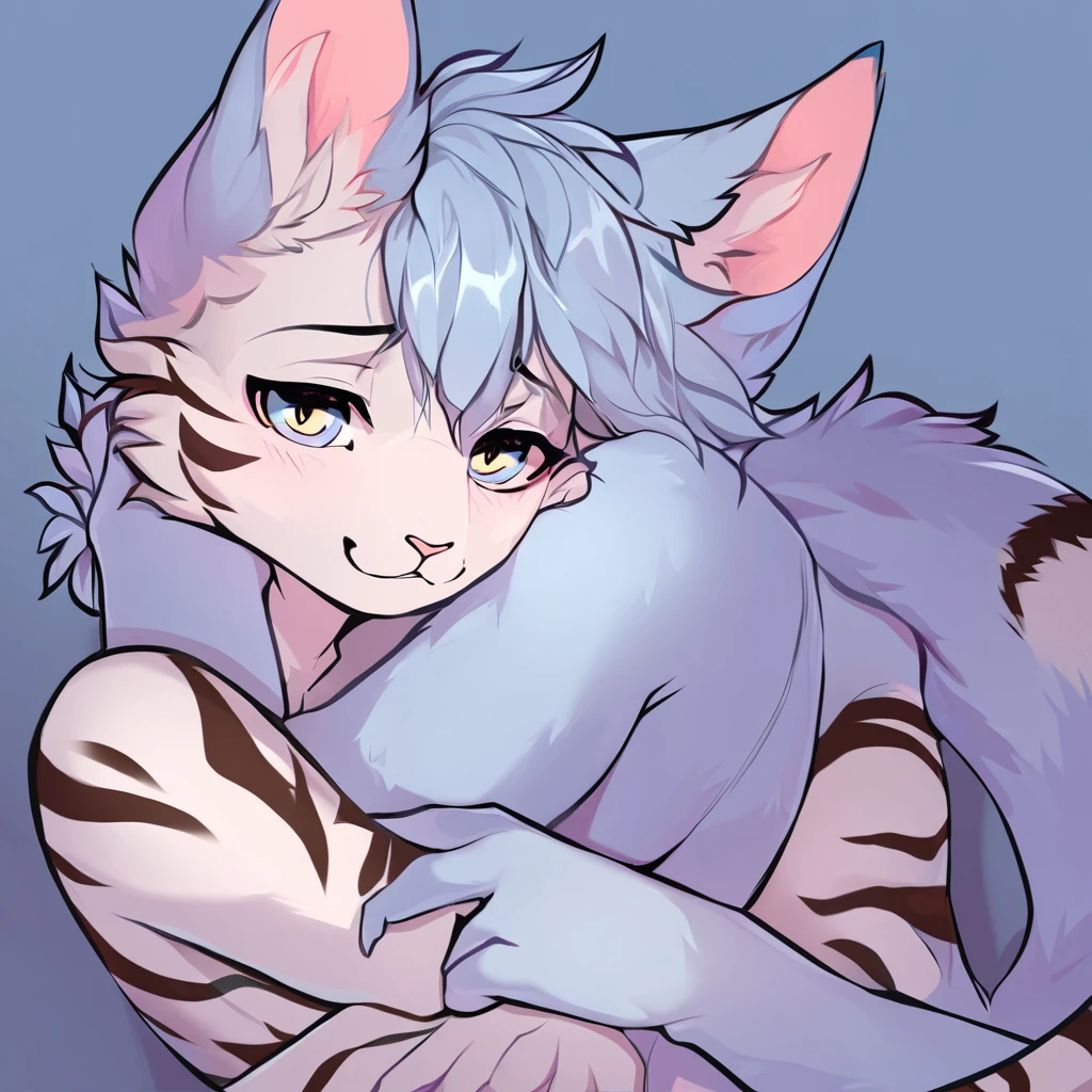 adult, feline, mammal, anthro, anthromorphic, cat, striped, fur, furred_anthro, femboy, male, blue, ear_tufts, purple, paws, hair_tuft, hair_between_eyes, fluffy, expressive_eyes, blue/teal_hair, light looking_at_viewer, blue_fur, shy, small_pupils, spotted_pattern, stripes, tiger_stripes, digital_art, high_resolution, high_res, background, shy, posing, laying_down, pink_paws, paws, profile_picture, head_visible, neck_visible, seductive_look.