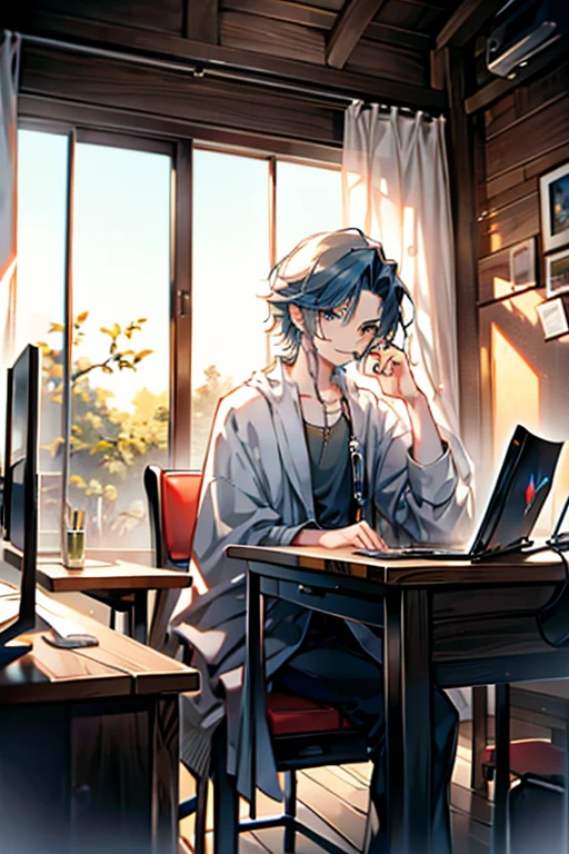 A young boy sitting on a gaming chair,In front of you is a computer desk,The computer monitor is placed in the middle of the computer desk,There is a trash can on the right side of the table.,There is a painting hanging on the wall to the left of the table.,A Chinese fairy sits on the table,Smiling, holding the edge of the table with both hands
