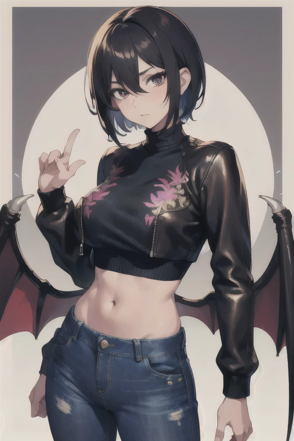 masterpiece, high quality,1 girl,One,Medium breasts , short hair, (hair between eyes),(00BFFE pixie haircut), bat wings, Disappointed face,(Embroidered sweater, Cropped flared jeans, leather jacket)
