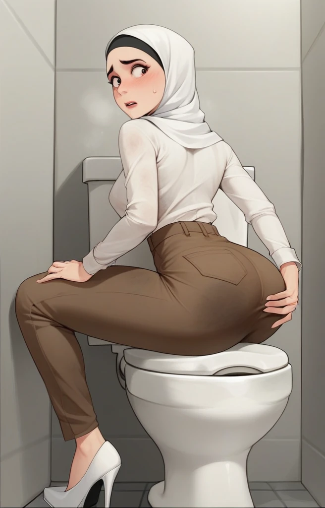 Nude  teenage malay woman with hijab,arousal expression,grinning,office background,showing butt,hands on butt,exposed butthole,a man fucking her anus from behind,bending over,view angle from behind