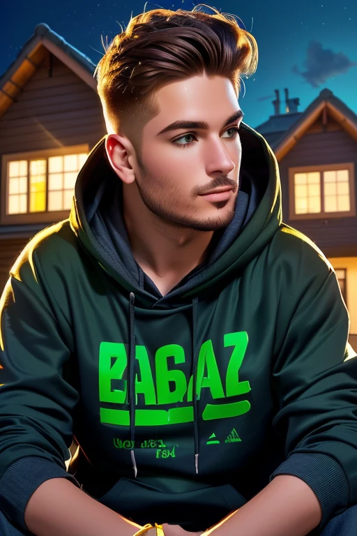 a man sitting in front of a house wearing a green hoodie, inspired by Volkan Baga, profile imageture 1024px, por Zahari Zograf, loose, inspired by Pál Balkay, inspired by Božidar Jakac, Vitaly Bugarov, profile image, background art, bogdan rezunenko