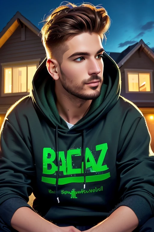 a man sitting in front of a house wearing a green hoodie, inspired by Volkan Baga, profile imageture 1024px, por Zahari Zograf, loose, inspired by Pál Balkay, inspired by Božidar Jakac, Vitaly Bugarov, profile image, background art, bogdan rezunenko