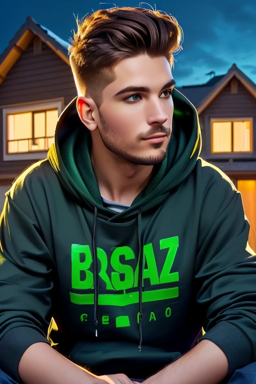 a man sitting in front of a house wearing a green hoodie, inspired by Volkan Baga, profile imageture 1024px, por Zahari Zograf, loose, inspired by Pál Balkay, inspired by Božidar Jakac, Vitaly Bugarov, profile image, background art, bogdan rezunenko