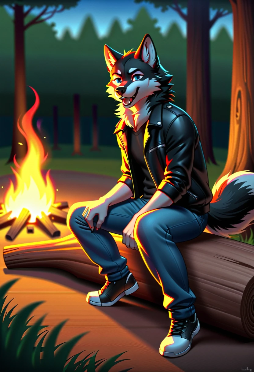 Sitting in front of campfire on log, Male, 30 years old, happy, mouth open with tongue hanging out, black leather jacket, anthro, wolf ears, (black fur:1.5), wolf, forest background, 8k, hi res, (best quality, masterpiece), (wolf tail:1.5), detailed fur, solo, looking at camera, night, leashing and collar, blue jeans,