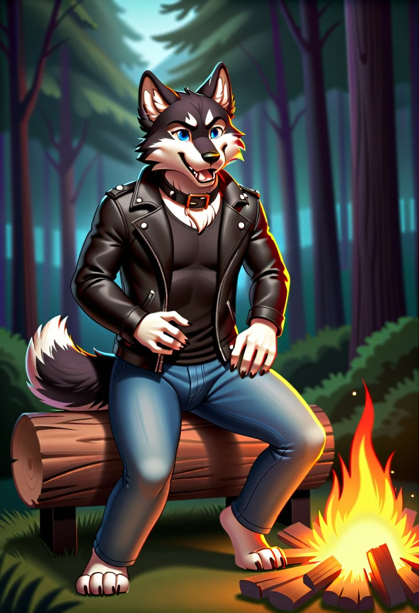 Sitting in front of campfire on log, Male, 30 years old, happy, mouth open with tongue hanging out, black leather jacket, anthro, wolf ears, (black fur:1.5), wolf, forest background, 8k, hi res, (best quality, masterpiece), (wolf tail:1.5), detailed fur, solo, looking at camera, night, leashing and collar, blue jeans,