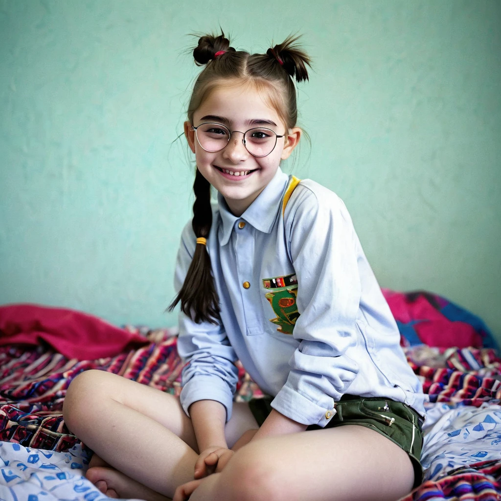 Pale skin ponytail hair Kurdish glasses teen sitting on bed tin body smiling 