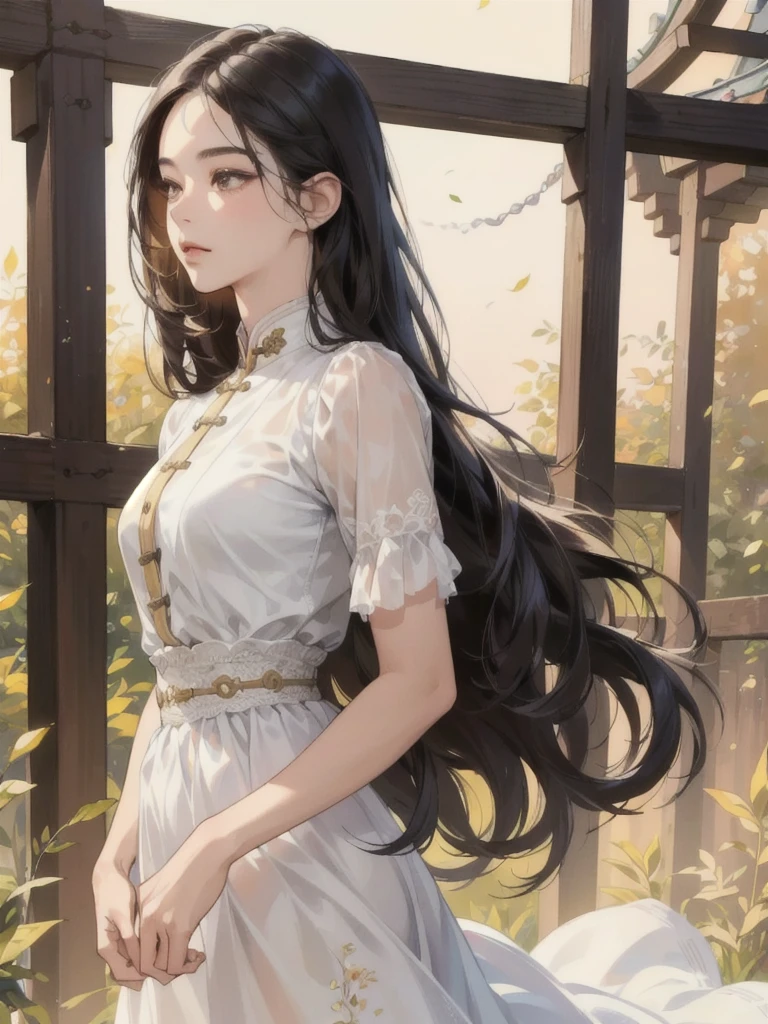 a beautiful young woman, 20 years old, with extremely long, bushy, curly black hair,  and short physique, brown skin, oval face, light makeup, wearing a white dress, with an altruistic, insecure, and hopeful personality, portrayed in a colored manga sketch art style inspired by Chinese pastel painting, (best quality,4k,8k,highres,masterpiece:1.2),ultra-detailed,(realistic,photorealistic,photo-realistic:1.37),extremely detailed eyes and face,longeyelashes,detailed portrait,detailed clothing,detailed background,warm colors,soft lighting,cinematic,elegant,intricate details