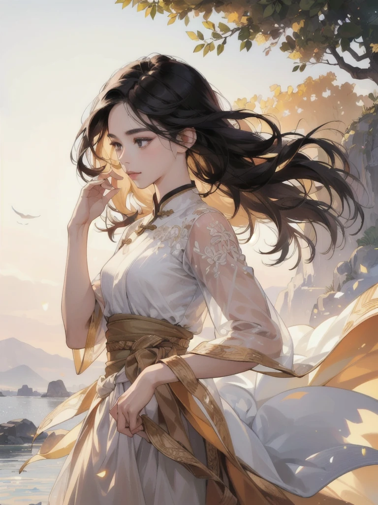 a beautiful young woman, 20 years old, with extremely long, bushy, curly black hair, and short physique, brown skin, oval face, light makeup, wearing a white dress, with an altruistic, insecure, and hopeful personality, portrayed in a colored manga sketch art style inspired by Chinese pastel painting, (best quality,4k,8k,highres,masterpiece:1.2),ultra-detailed,(realistic,photorealistic,photo-realistic:1.37),extremely detailed eyes and face,longeyelashes,detailed portrait,detailed clothing,detailed background,warm colors,soft lighting,cinematic,elegant,intricate details
