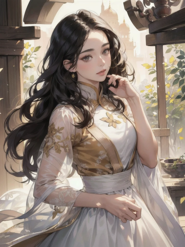 a beautiful young woman, 20 years old, with extremely long, bushy, curly black hair, and short physique, brown skin, oval face, light makeup, wearing a white dress, with an altruistic, insecure, and hopeful personality, portrayed in a colored manga sketch art style inspired by Chinese pastel painting, (best quality,4k,8k,highres,masterpiece:1.2),ultra-detailed,(realistic,photorealistic,photo-realistic:1.37),extremely detailed eyes and face,longeyelashes,detailed portrait,detailed clothing,detailed background,warm colors,soft lighting,cinematic,elegant,intricate details
