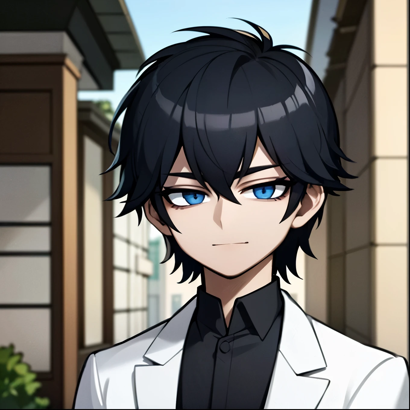 Superior quality, Masterpiece, ultra high resolution, image of a 1 boy with black hair and blue eyes, he is Korean and wears an elegant suit while on a street, arrogant smile