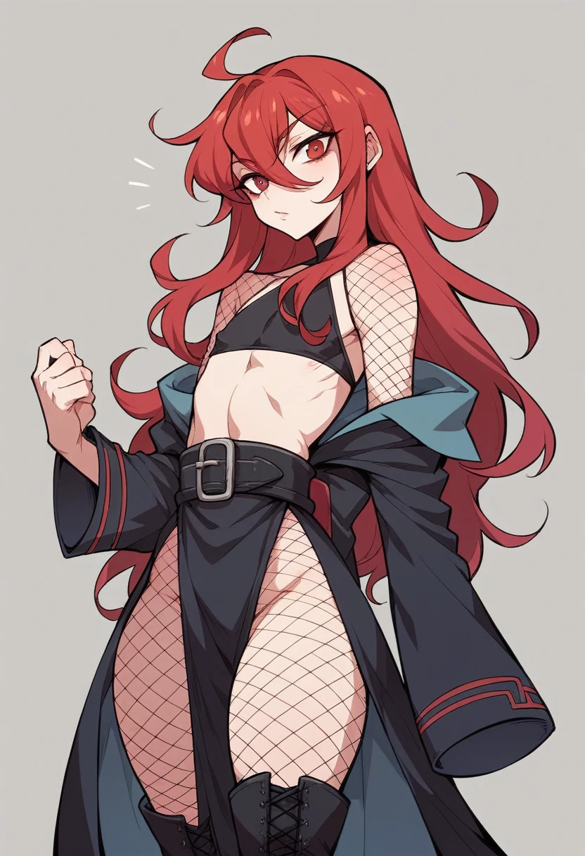 old, Has long red hair, a des oreilles de loup, a une queue de loup, a les yeux red, thigh high fishnets, black combat boots, porter une robe gothique jusqu'au genou, flat chest, super flat chest, aloneement femboy, un alone garçon ((flat chest)) (alone)(aloneement) alone, aloneement, Hanches larges, thick thighs, mold, is mold