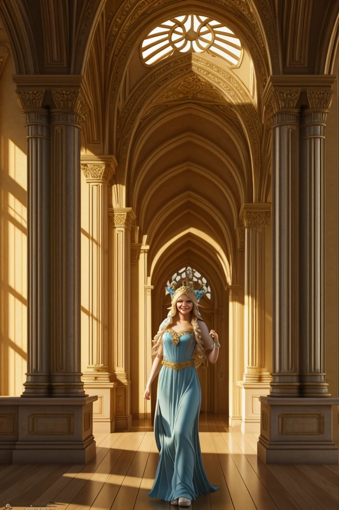 A 3D realistic photography masterpiece capturing a beautiful elf with long golden hair and light blue eyes. The elf holds a number 200 with a big smile, expressing immense happiness and joy. The scene is located in a classical style architectural environment, with ornate columns and arches creating an atmosphere of celebration and pure happiness. Natural light comes through a window, lighting up the scene with a warm and welcoming touch, giving life to the environment and the emotions of the elf. This Stunning 3D Render Would Be Perfect for an Art Poster, since I captured, 3d render, posterLess
