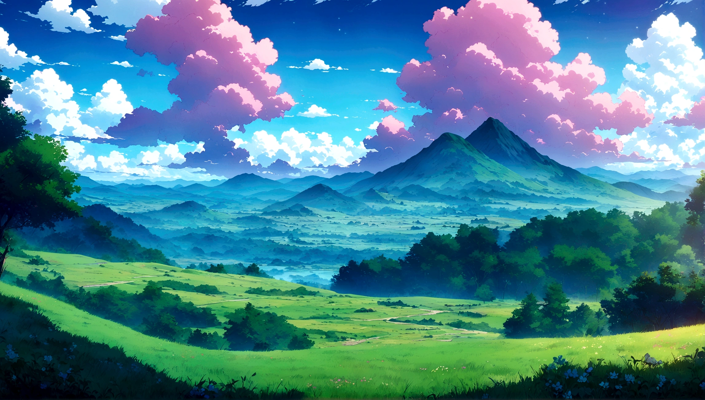 
japanese anime - style painting a grassy field, day blue cloudy sky,anime countryside landscape, anime landscape, anime landscape wallpaper, anime background art, beautiful anime scenery, anime background, anime beautiful peace scene, anime scenery, anime movie background, anime nature, anime scenery concept art, colorful anime movie background, beautiful anime scene, anime scene, beautiful landscape background