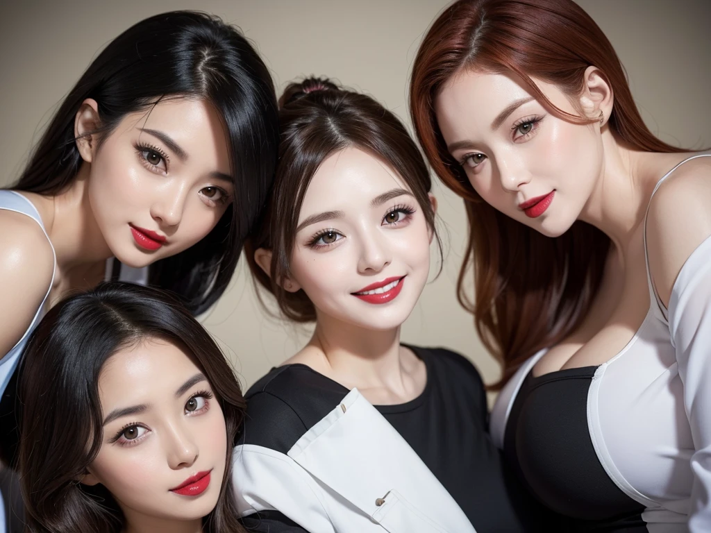 two sexy women in midwife outfits who are lovers of 4  boy, various hair colors and hairstyles, seductive smiles, black lipsticks, portrait, close up faces, view from below