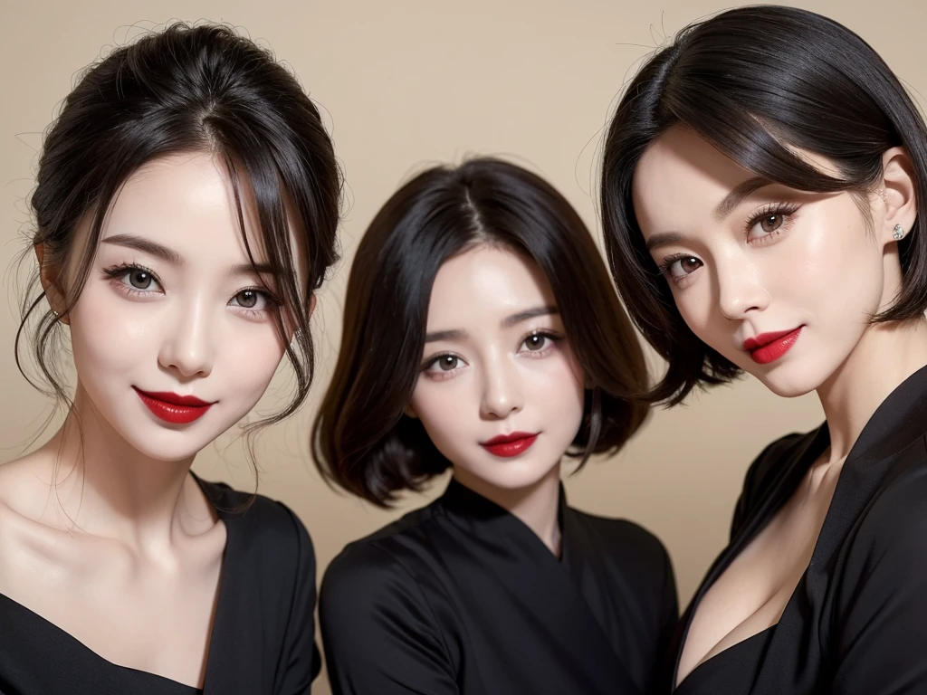 three extremely sexy women who are wives of 4 years old boy looking at camera, cute smiles, short curly auburn hair, nurse outfits, chokers, black lipstick, portrait, close up to faces, view from below