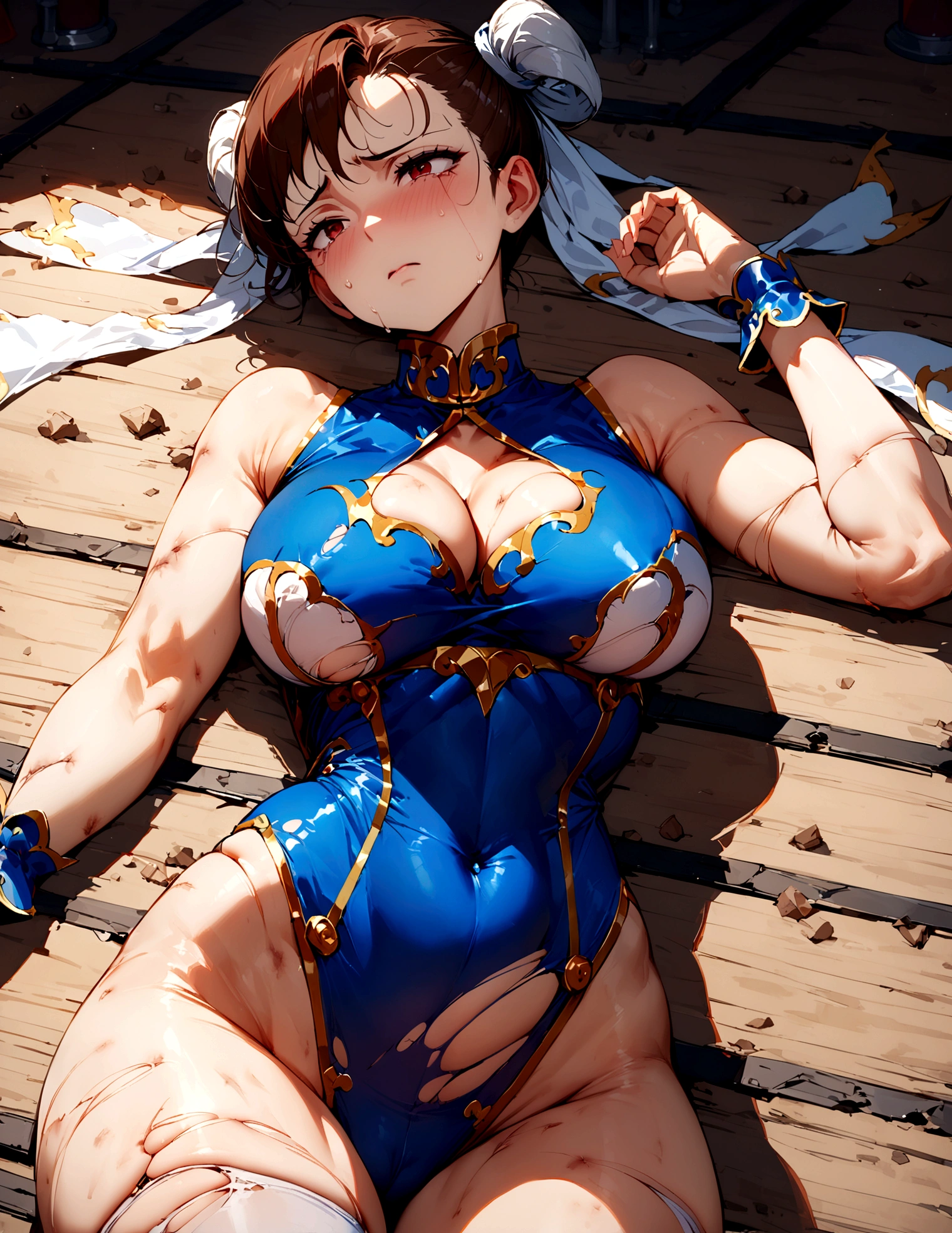 Chun Li, woman solo, hourglass body, large breast, bruises all over her body, tight outfit, torn outfit, at the fight ring, masterpiece, high detail, lying on the floor, sad face