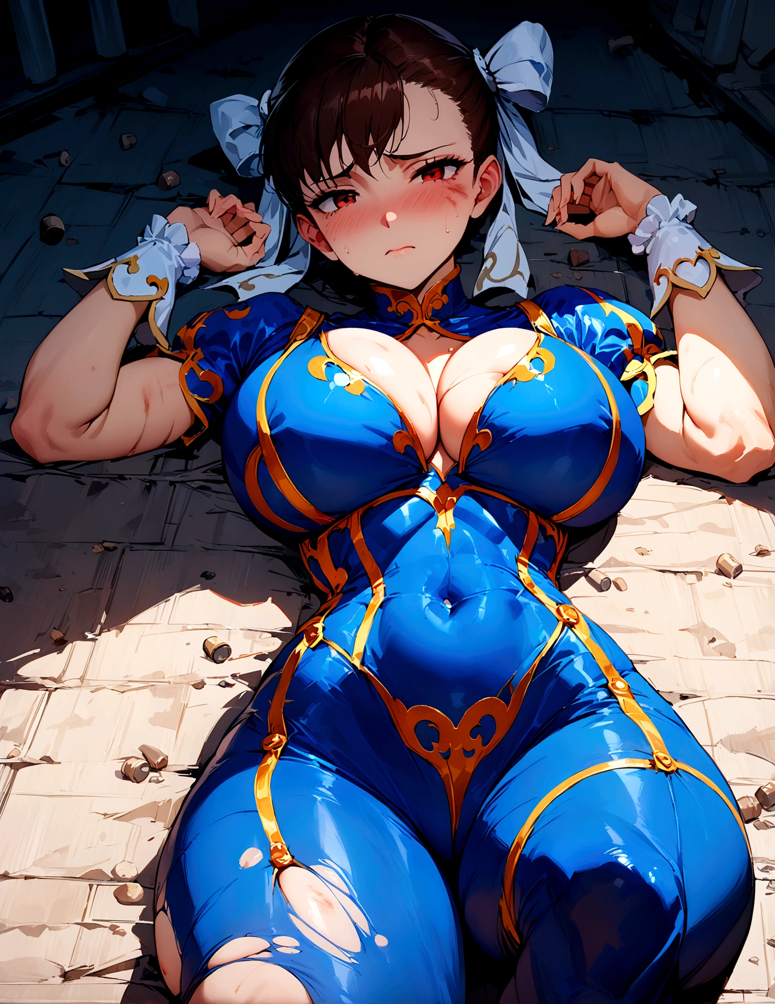 master piece, best quality, best detailed, NFSW, facehugger, monster, chun-li, sf2 chun, hair buns, covered buns, chinese dress, qipao, blue outfit, puffy sleeves, (torn:1.3), huge saggy breast, black hair, weakness, convulsions, sticky liquid on body, tied to wall, shackled tentacle,